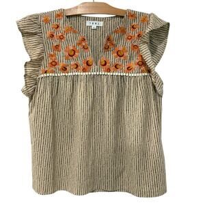 THML | Top Embordered Floral Short Sleeve V Neck Boho Summer- Size Large